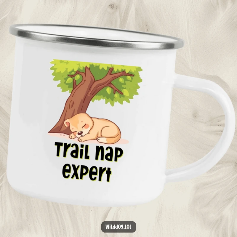 Funny Wild Dog Napping Camping Mug showing a dog sleeping peacefully under a sunny tree.