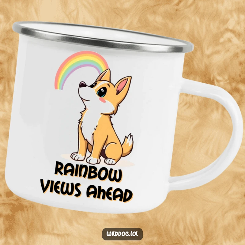 Funny wild dog wagging tail, looking at a rainbow, perfect for outdoor use. A funny gift for adventurers.