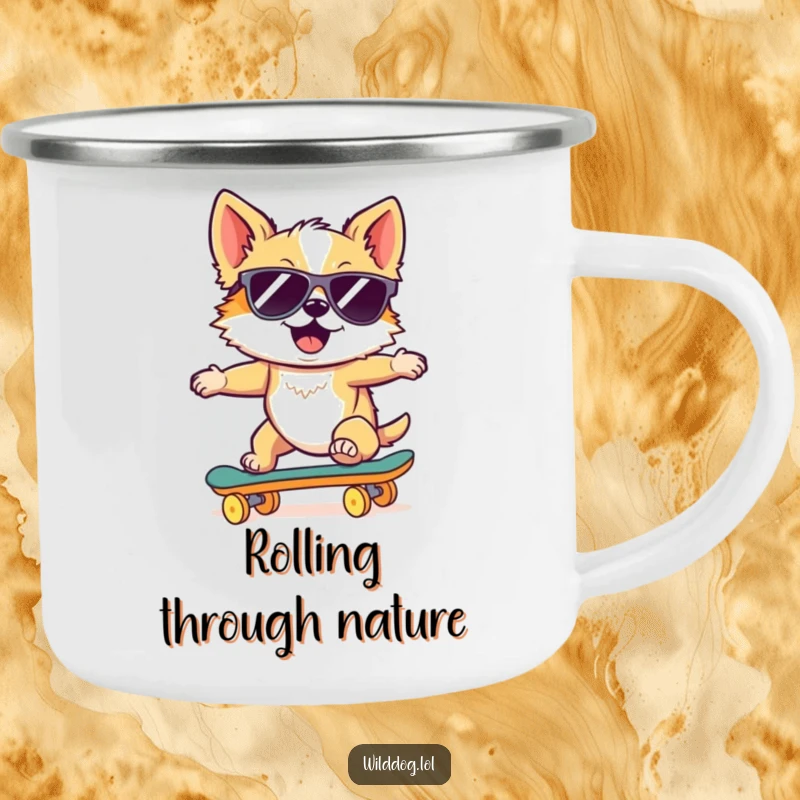 Funny camping mug with a wild dog wearing sunglasses, riding a skateboard downhill, perfect for outdoor lovers who appreciate cool.