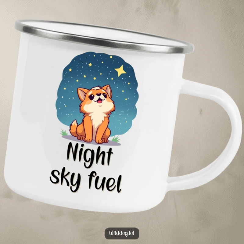 Funny camping mug with a wild dog character looking up at a starry night sky, perfect for enjoying beverages during nighttime adventures.