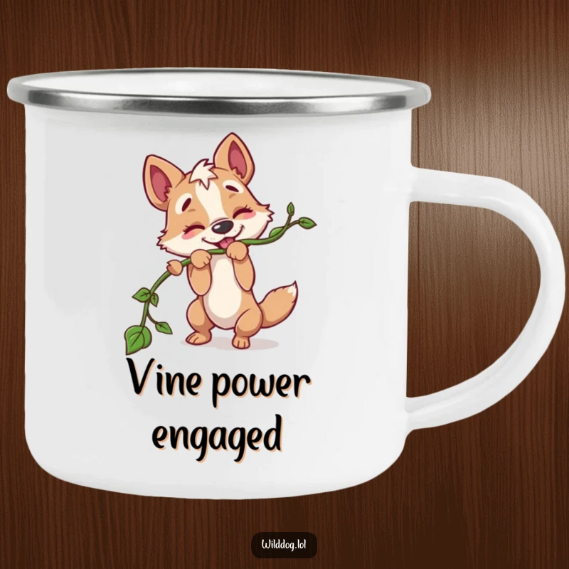 Funny camping mug with a wild dog character playfully tugging on a long vine, perfect for enjoying beverages during outdoor fun.