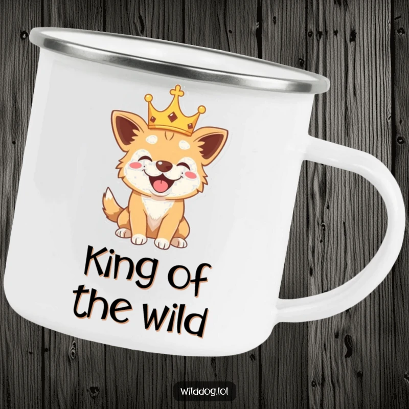 Funny camping mug with a wild dog wearing a small crown, barking playfully, perfect for outdoor enthusiasts who love dogs.