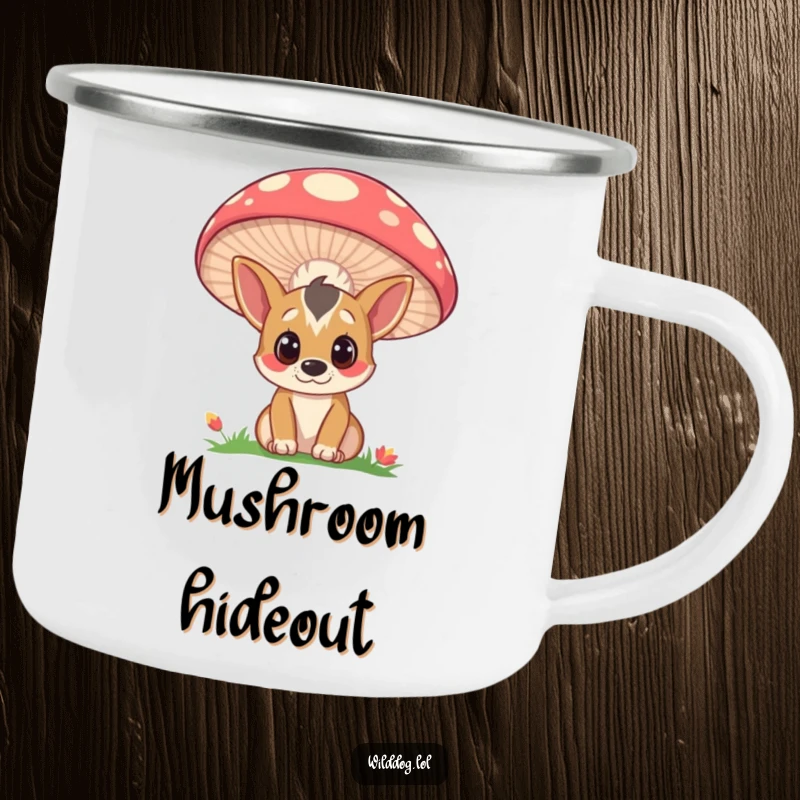 Funny camping mug with a curious wild dog peeking from behind a large, colorful mushroom, ready for any outdoor adventure.