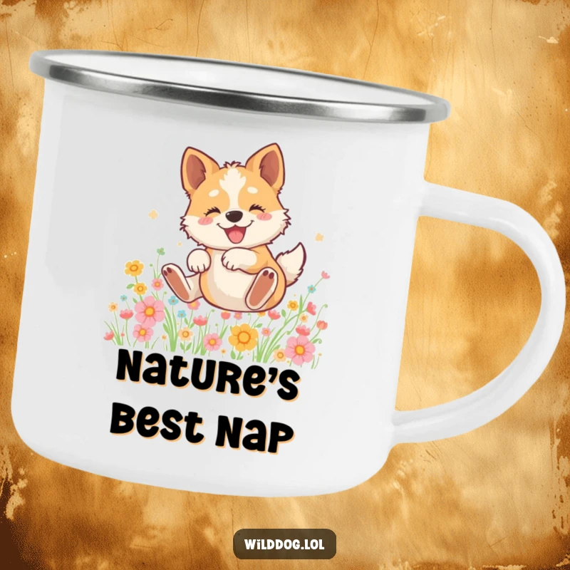 Funny camping mug featuring a wild dog rolling ecstatically in a field of wildflowers, perfect for outdoor enthusiasts.