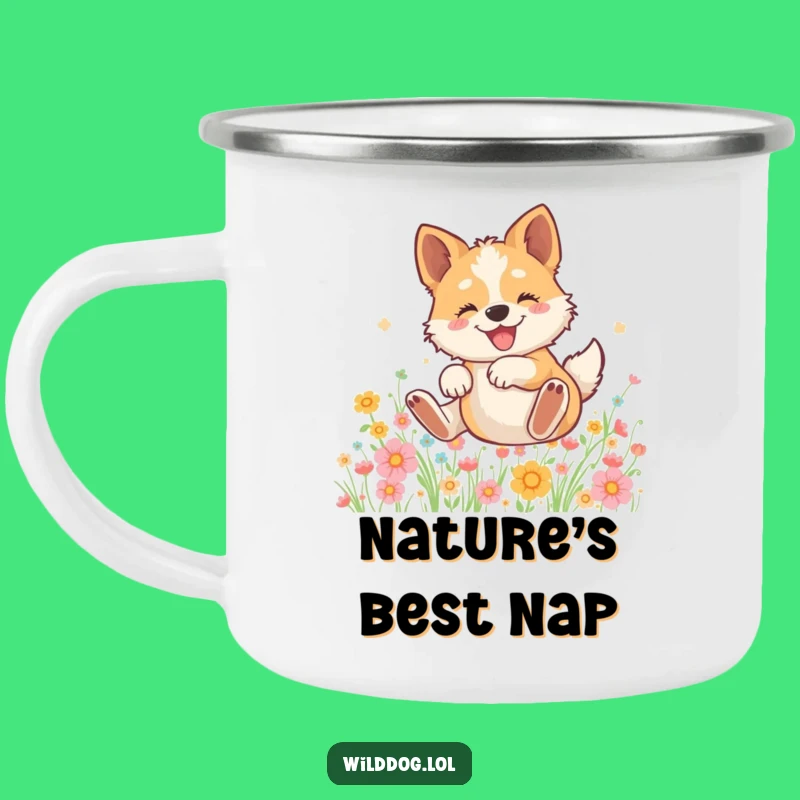 Funny Wild Dog Camping Mug: Outdoor Bliss in Flower Field, Hilarious Adventure Gift