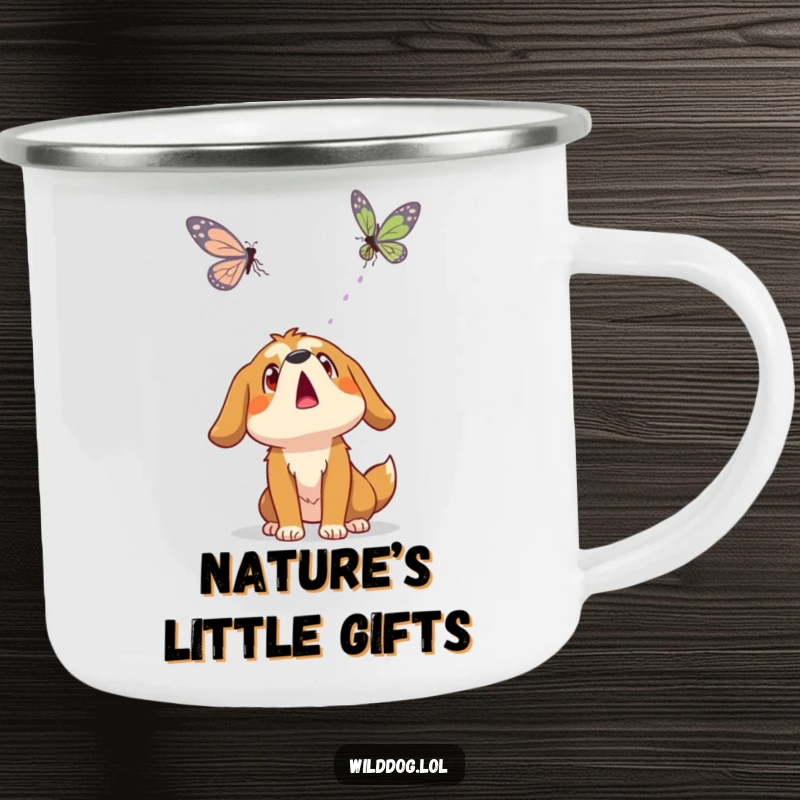 Funny wild dog character looking surprised at a floating butterfly, holding a camping mug, enjoying the outdoors.