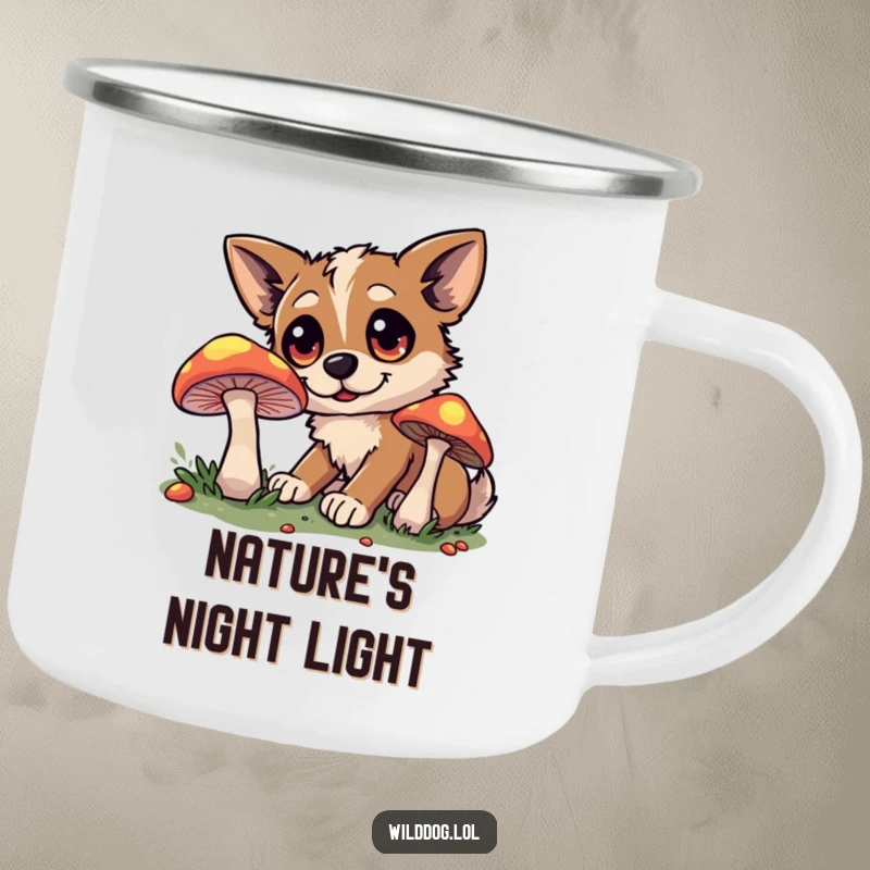 Funny camping mug with a wild dog curiously exploring a glowing mushroom on a night adventure.