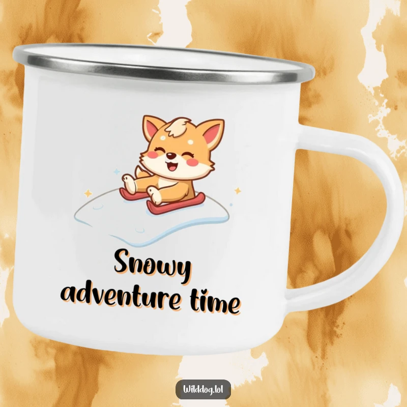 Funny wild dog sliding down a snowy hill with glee, perfect for outdoor use. A funny gift for adventurers.