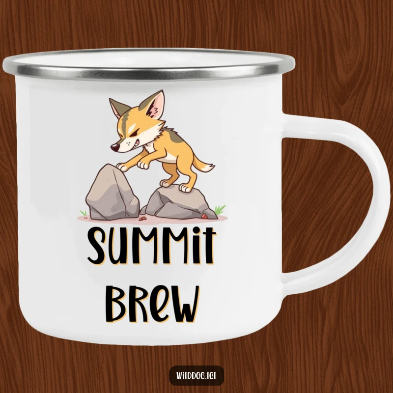 Funny Wild Dog Climbing Camping Mug showing a dog attempting to climb a small rock.