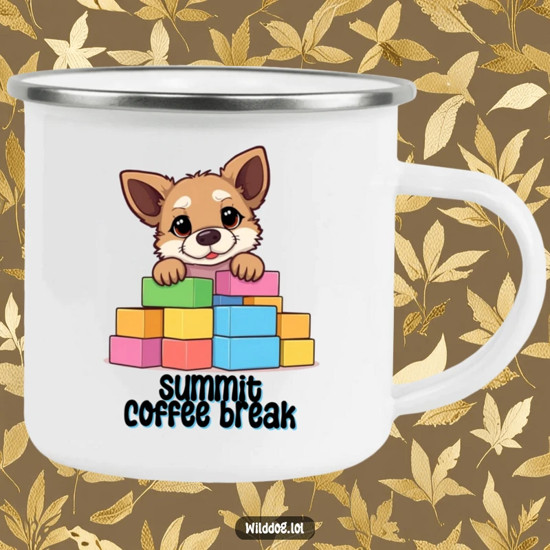 Funny wild dog peeking over a large stack of colorful building blocks, durable camping mug for outdoor humor and drinks.