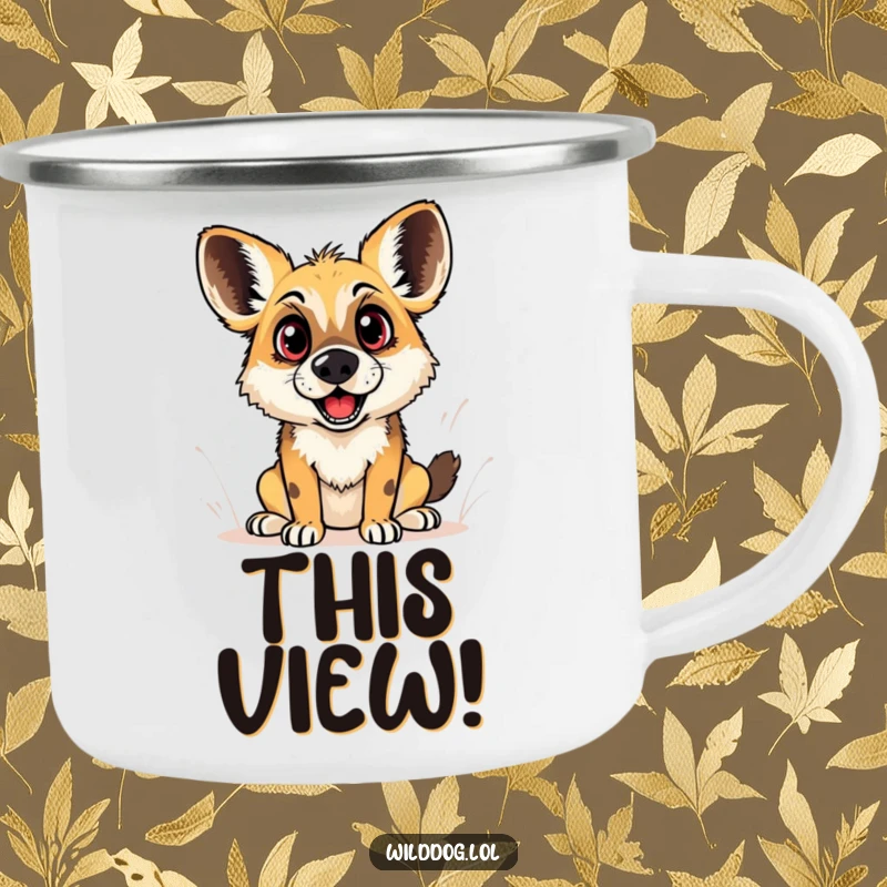 Funny camping mug depicting a wild dog with comically wide eyes and an open mouth, capturing a moment of instant, playful surprise.