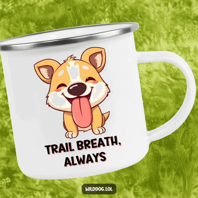 Funny camping mug featuring a panting wild dog character with a large, happy tongue lolling out, perfect for outdoor enjoyment and laughs.