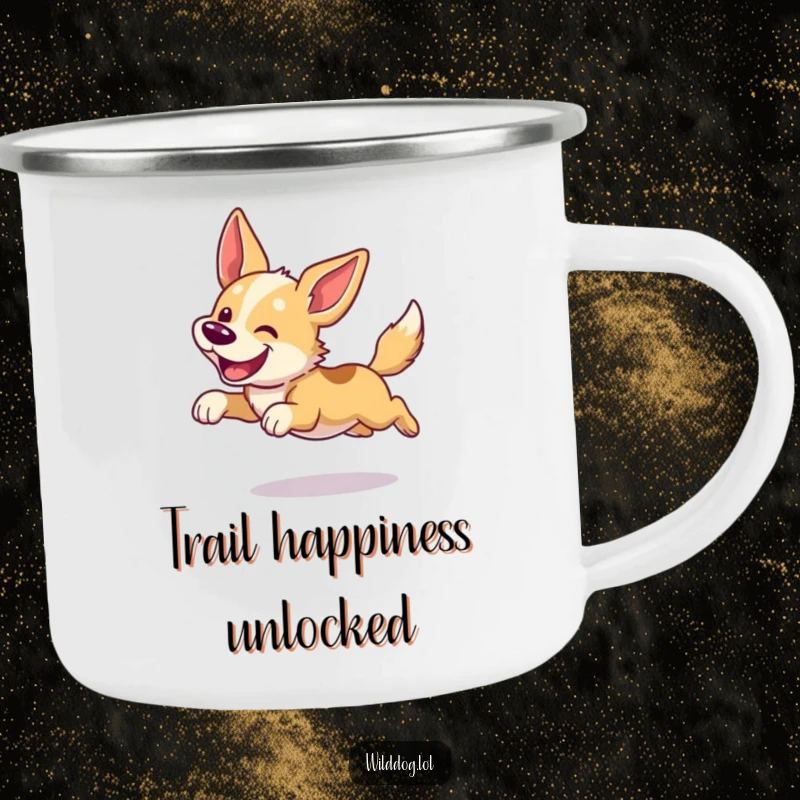 Funny dog camping mug with a wild dog in a happy leap, ears flapping. Durable and humorous for outdoor use.