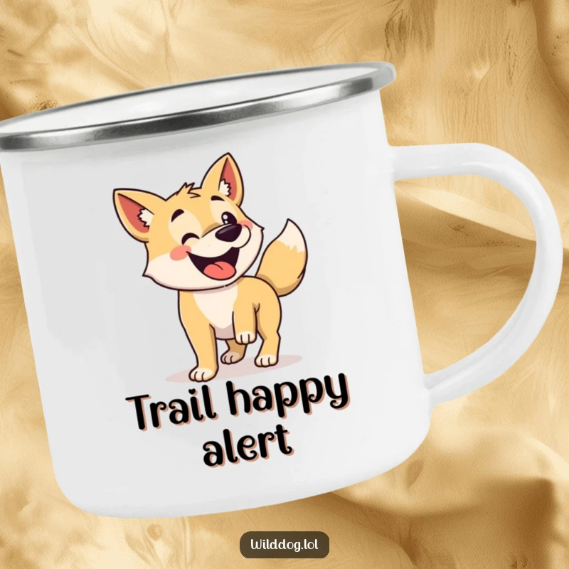Funny camping mug showing a wild dog with its tail wagging enthusiastically.