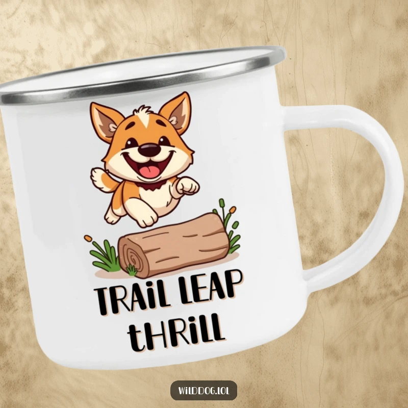 Funny wild dog with a big grin, leaping over a log, on a camping mug, for enjoying drinks outdoors.