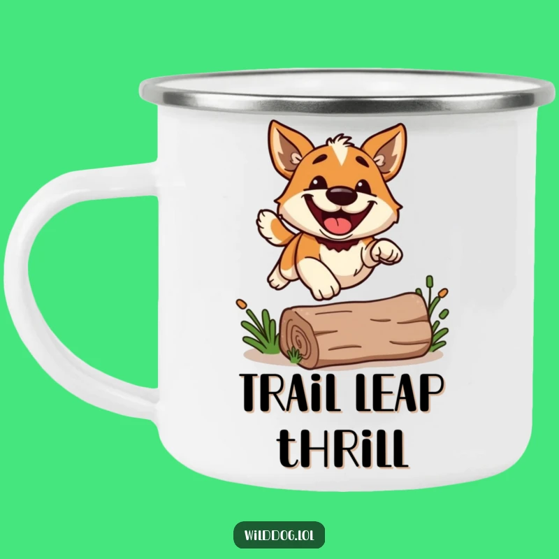 Funny Grinning Dog Leap Camping Mug: Outdoor Jumper Humor Gift