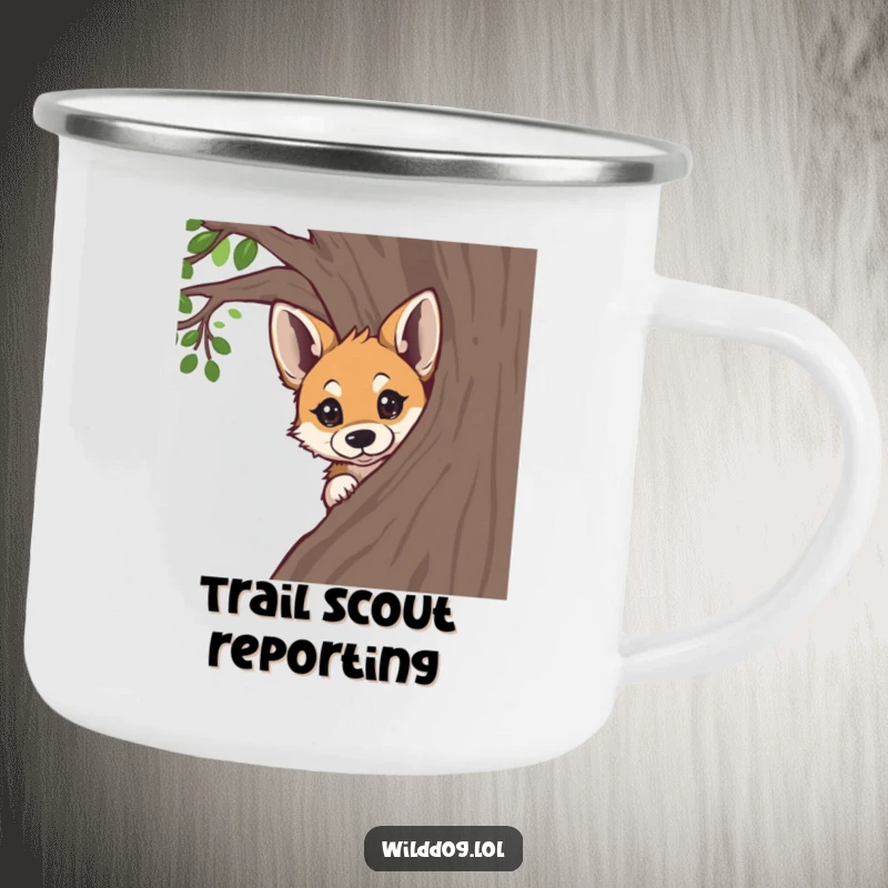 Funny wild dog peeking around a tree with curious eyes, on a camping mug, for enjoying drinks outdoors.