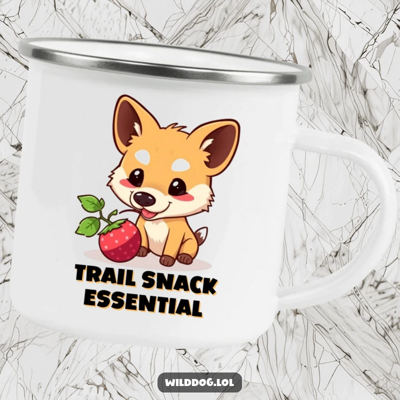 Funny Kawaii Wild Dog Camping Mug: Cute character nudging a berry, built for adventure and bringing a smile, a funny outdoor gift.