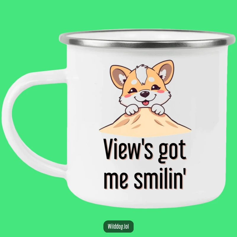 Funny Grinning Dog Camping Mug: Silly Pup Drinkware, Hilarious Outdoor Gift