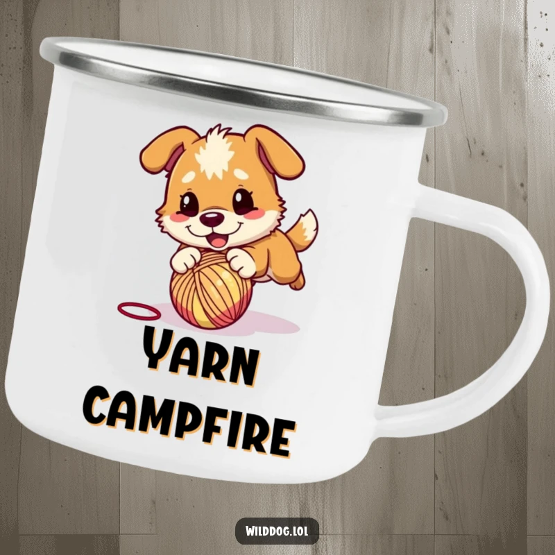 Funny camping mug featuring a wild dog character playfully pouncing on a bouncing ball of yarn, perfect for any action-packed adventure.