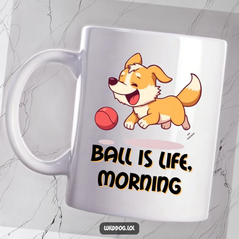 Funny mug featuring an energetic wild dog with a furiously wagging tail joyfully pursuing a bright, bouncing ball.