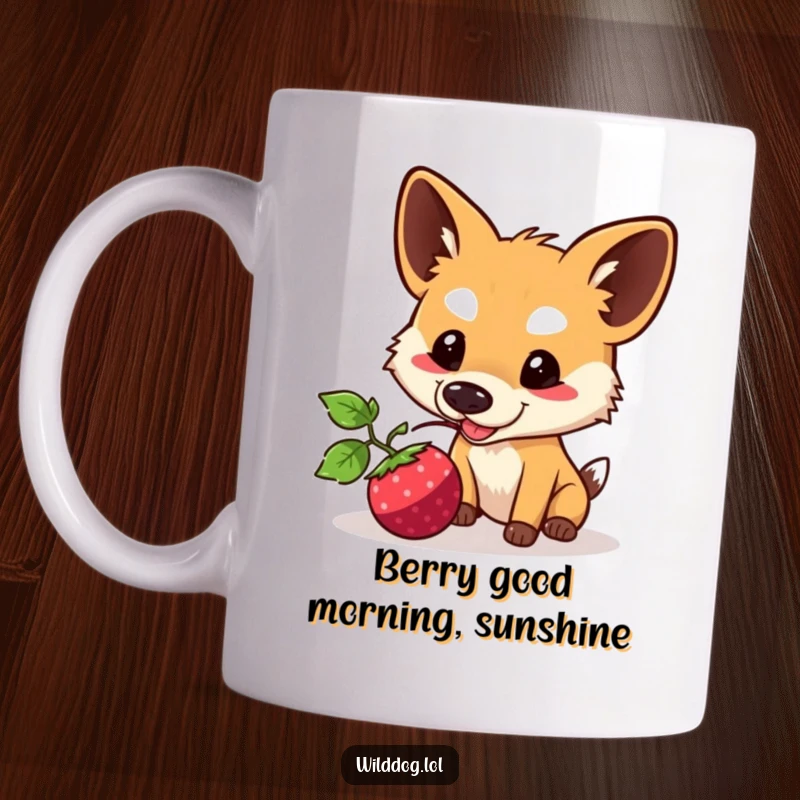 Funny Kawaii Wild Dog Mug: Adorable character playfully nudging a rolling berry with its happy snout, perfect for animal humor gifts.