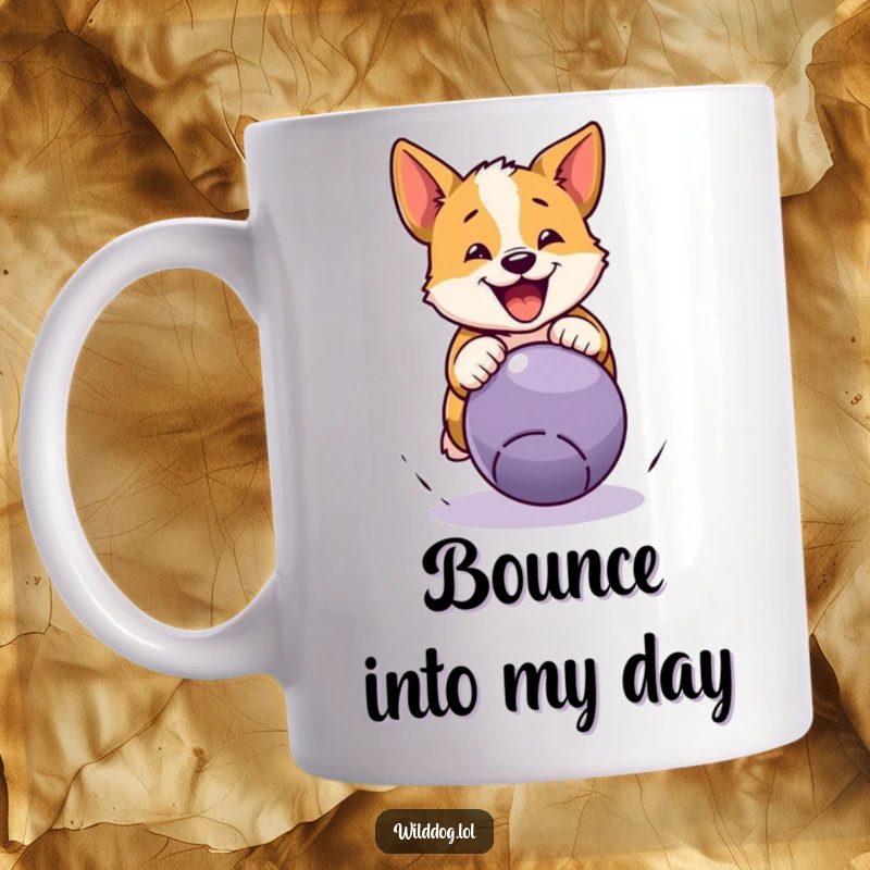 Funny wild dog mug showing a cartoon dog leaping with joy to pounce on a bouncing ball, symbolizing energetic play.