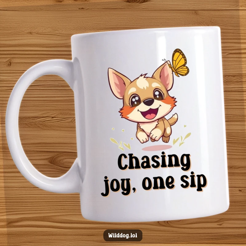 Funny mug featuring a wild dog with wide, joyful eyes gleefully chasing a butterfly, capturing pure happiness and freedom.