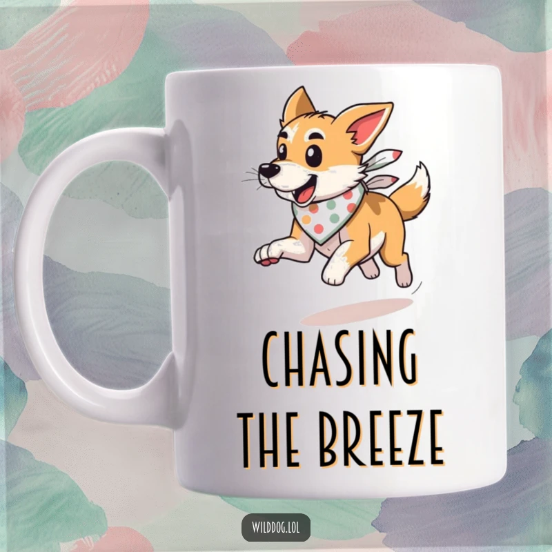 Funny wild dog wearing a red bandana, running at high speed with wind blowing, captured on a mug.
