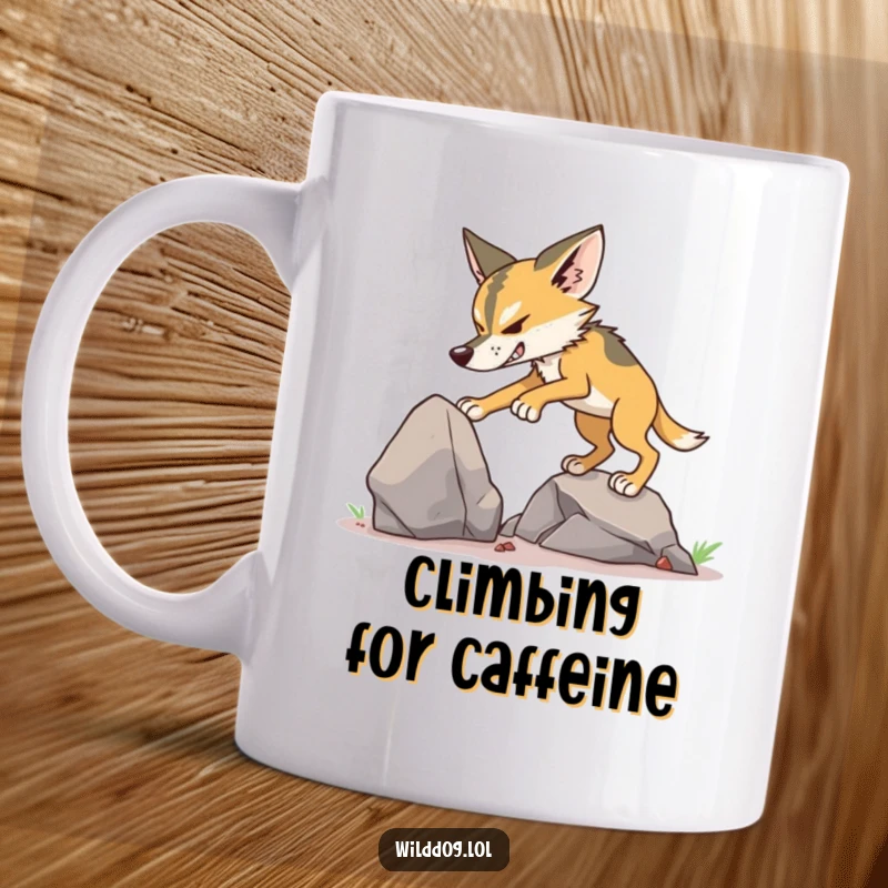 Funny Wild Dog Climbing Mug showing a determined dog attempting to scale a small, sturdy rock.