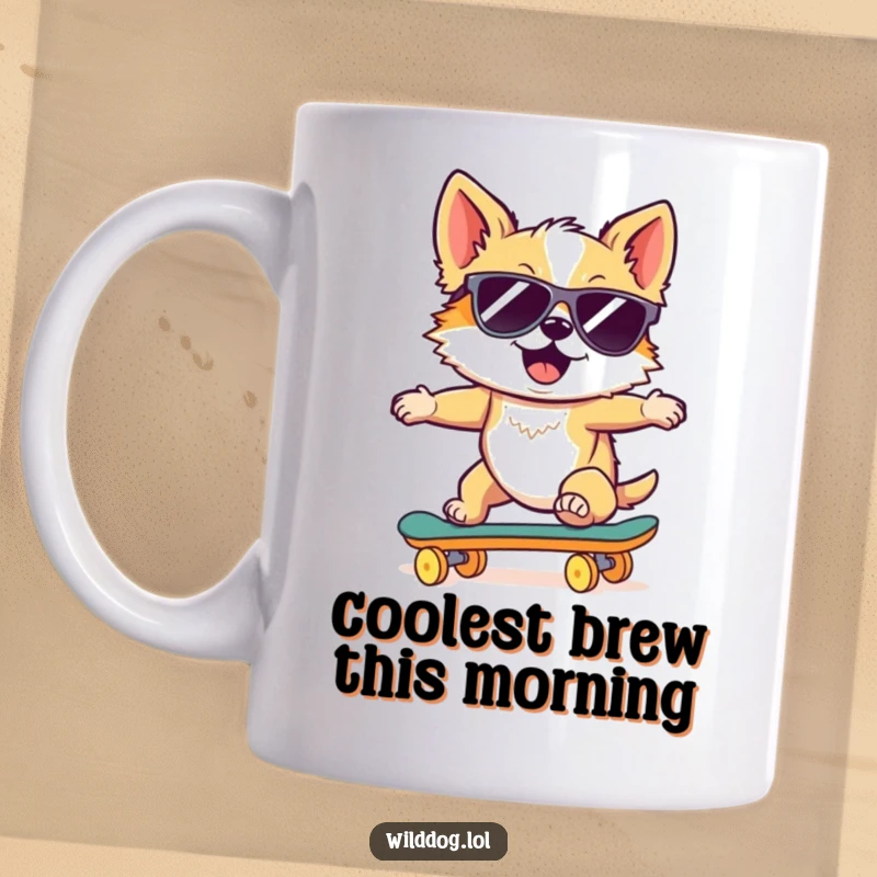 Funny mug featuring a wild dog wearing sunglasses, confidently riding a skateboard downhill, embodying ultimate coolness and freedom.