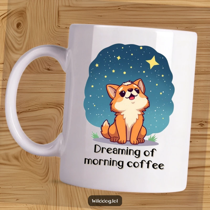 Funny mug with a wild dog character gazing up at a vast, starry night sky with an expression of pure wonder and awe.