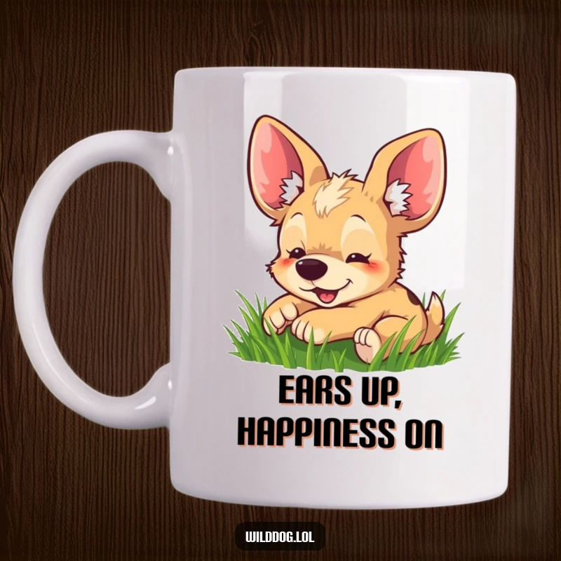 Funny mug featuring a charming wild dog with comically oversized ears blissfully rolling around in lush green grass.