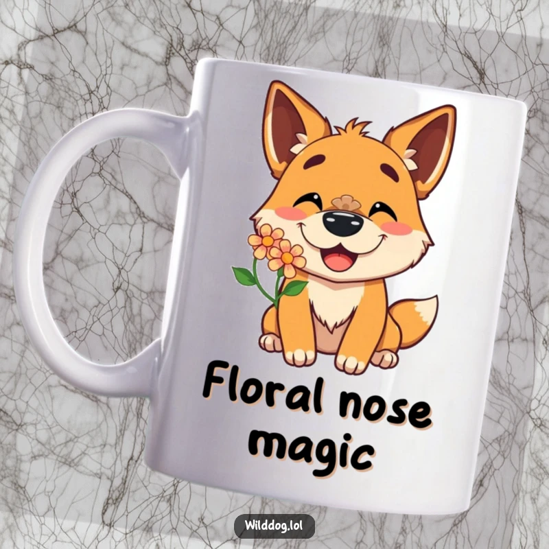Funny mug depicting a delighted wild dog character with a huge grin, expertly balancing a colorful flower on its nose, radiating joy.