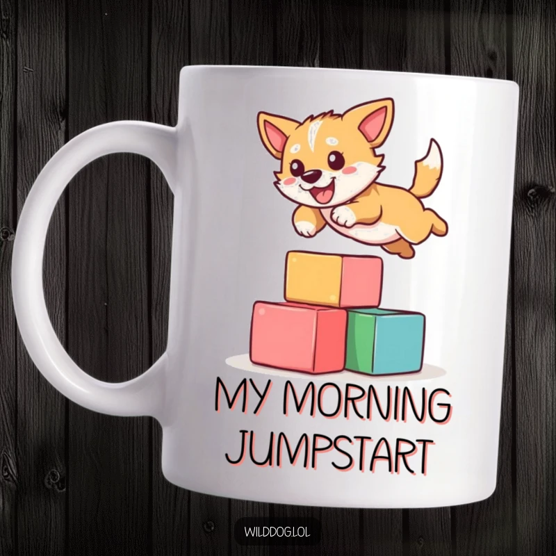Funny mug showing a jubilant wild dog leaping gracefully over a small pile of colorful building blocks, celebrating playful achievement.