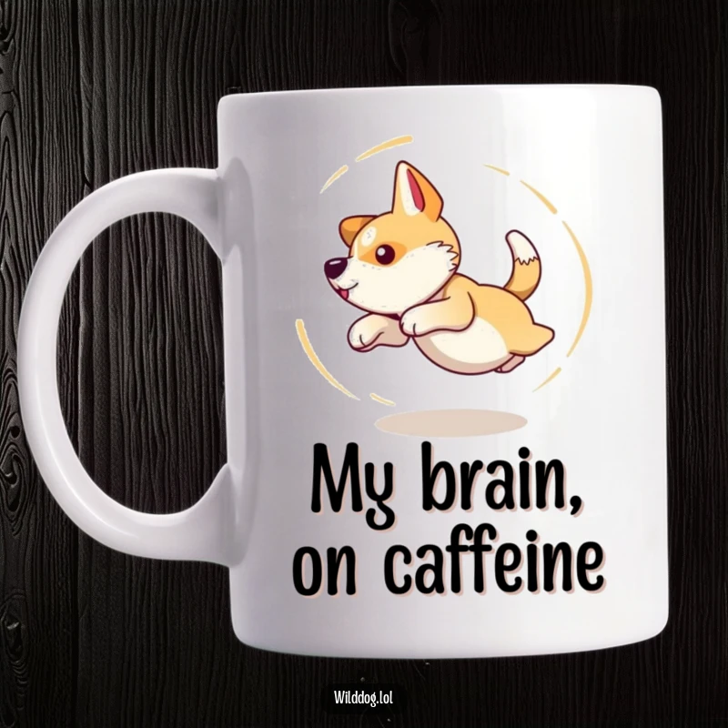 Funny mug depicting a dizzy wild dog enthusiastically chasing its own tail in a frantic, circular motion.