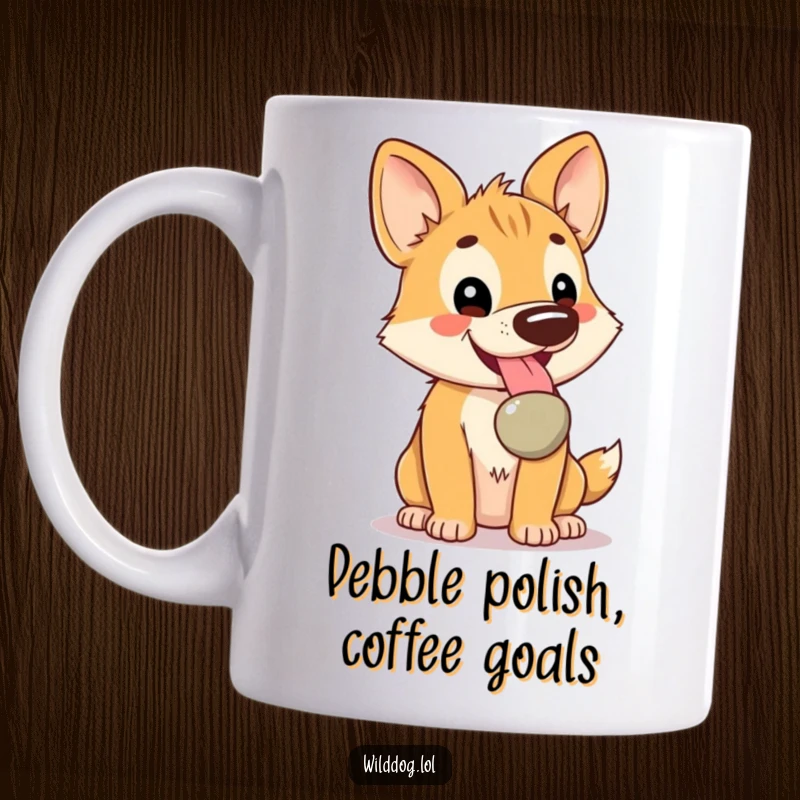 Funny Kawaii Wild Dog Mug: A happy dog panting with a shiny pebble in its mouth, capturing pure delight, perfect for gift-giving.