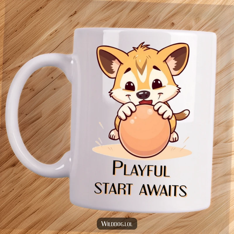Funny mug showing a wild dog puppy playfully pouncing with excitement onto a rolling ball.