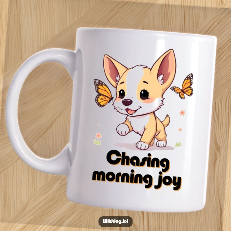 Funny mug showing a cute wild dog puppy with perked ears, excitedly chasing a colorful butterfly in a field.