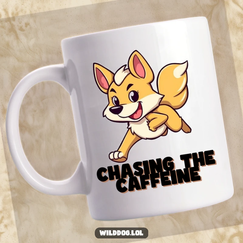 Funny mug with a wild dog character running full speed, displaying a determined yet happy expression, embodying energetic purpose.
