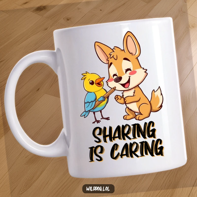 Funny happy wild dog offering a stick to a small bird, depicting joyful interspecies friendship. Great funny gift mug.
