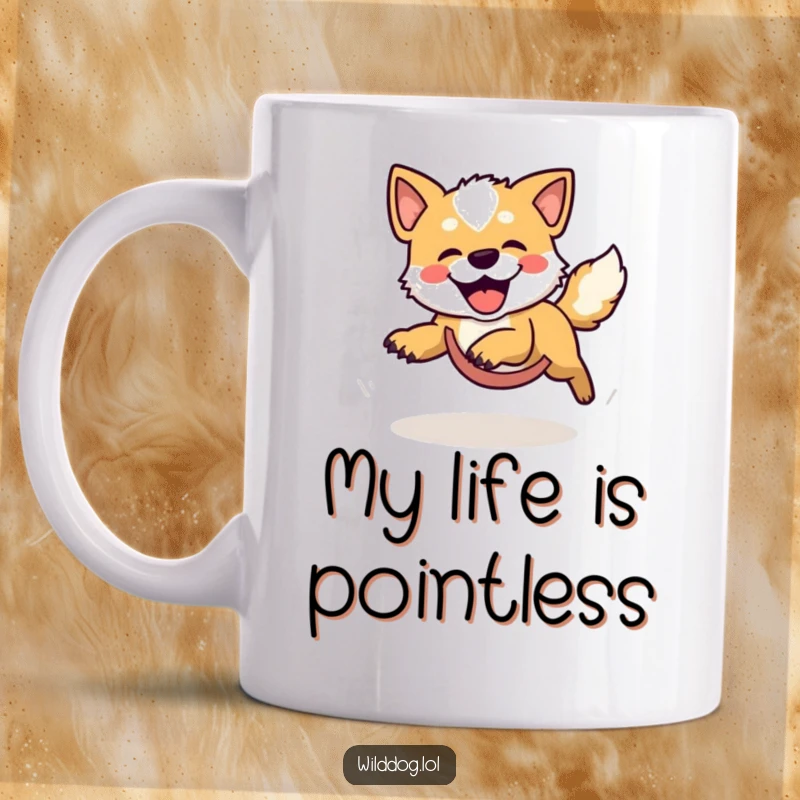 Funny mug featuring a joyful wild dog spinning in circles, gleefully chasing its tail, a perfect symbol of happy-go-lucky fun.