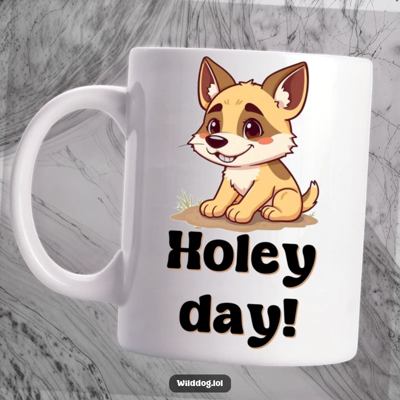 Funny mug showcasing a wild dog with a wide, goofy grin, enthusiastically digging a small hole in the ground, embodying happy mischief.