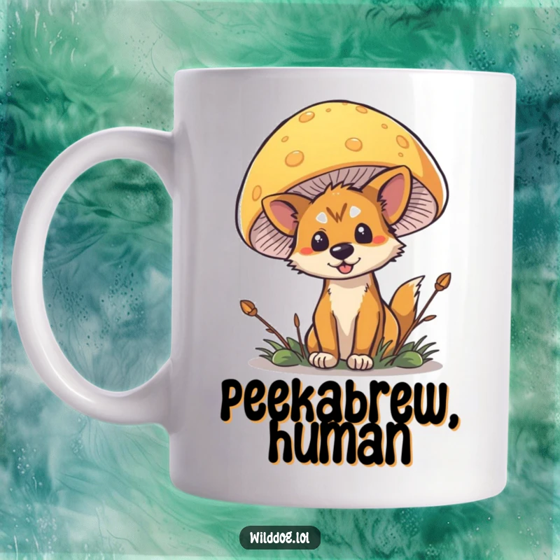Funny Wild Dog Mushroom Mug with a mischievous dog peeking from behind a large, colorful mushroom.