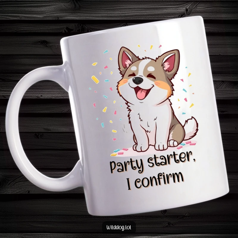 Funny mug with a wild dog joyfully scattering colorful confetti, a festive and humorous accessory.