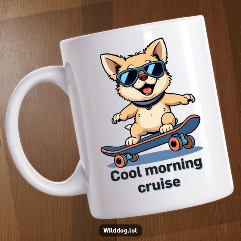 Funny wild dog mug featuring a dog wearing sunglasses, confidently riding a skateboard downhill.