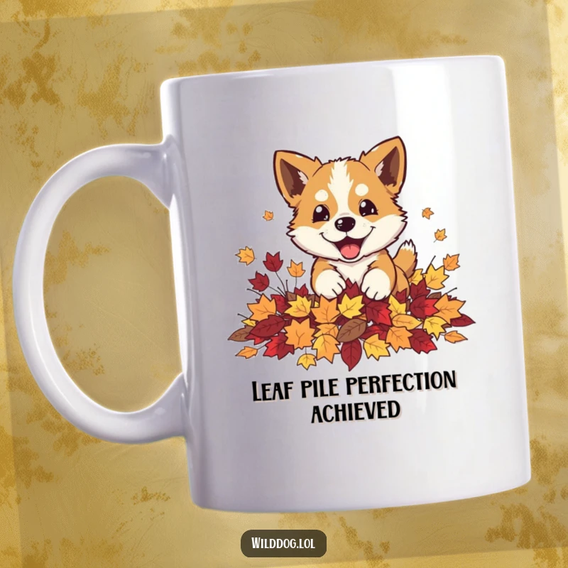Funny wild dog playfully pouncing into a pile of autumn leaves on a ceramic mug, full of seasonal joy.