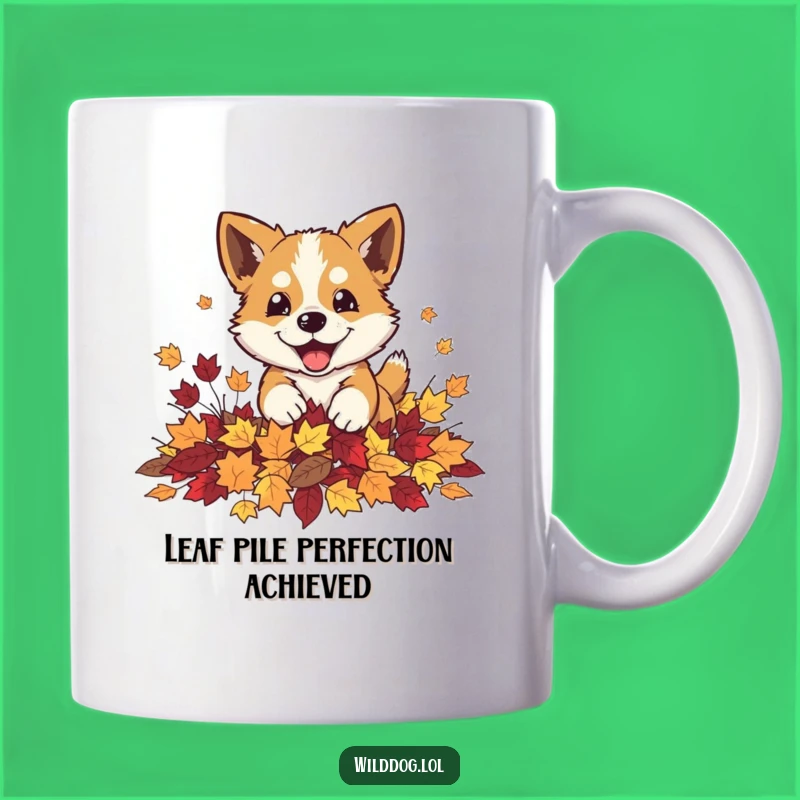 Funny Autumn Dog Leaves Mug: Playful Pouncing Pup Gift, Fall Season Fun