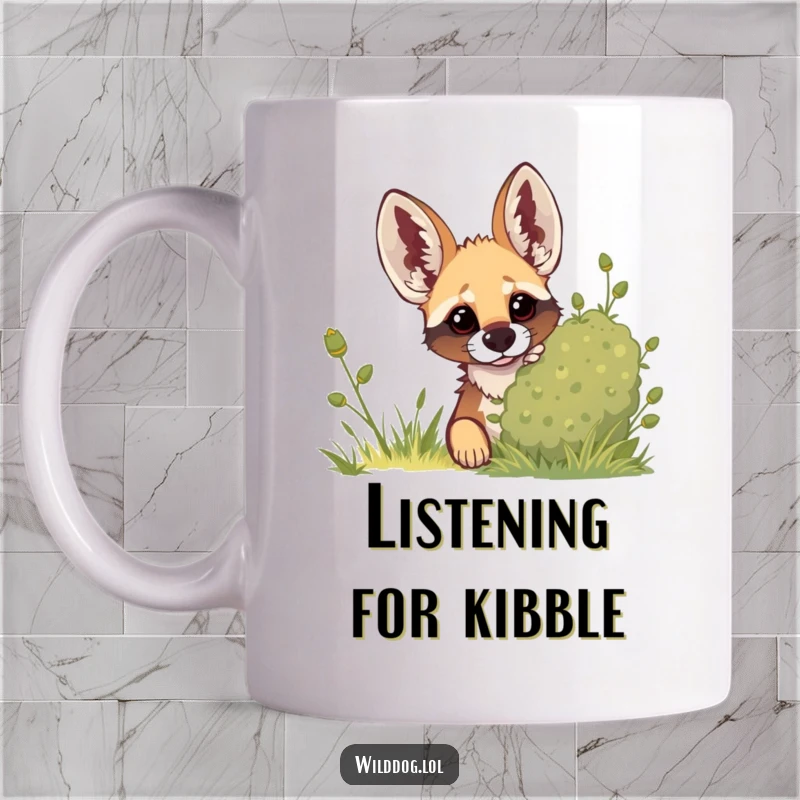 Funny mug showing a wild dog curiously peeking from behind a bush with its ears perked up, ready for adventure.