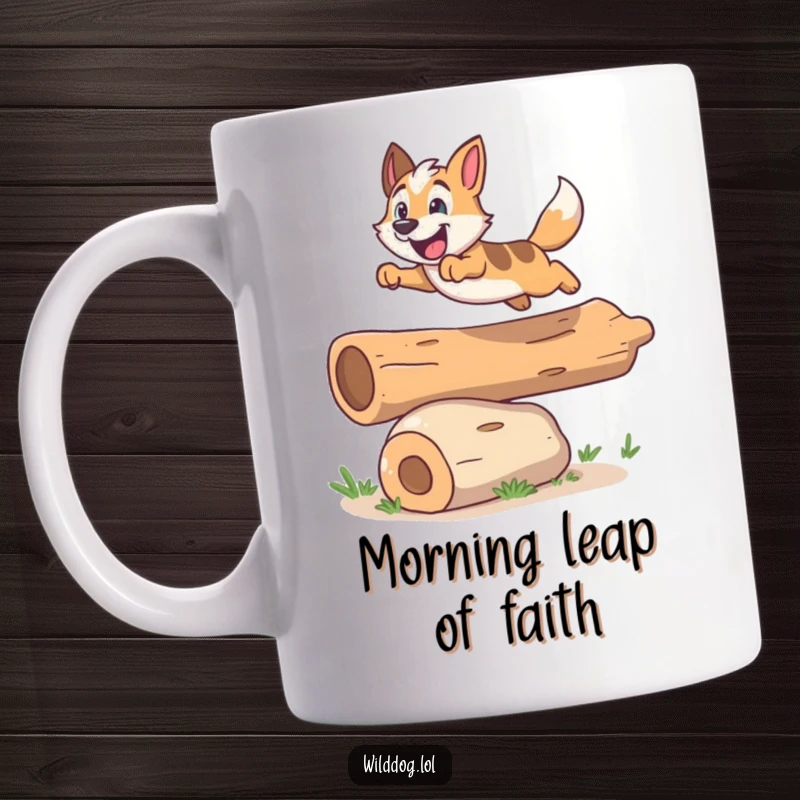 Funny mug featuring an energetic wild dog with its ears flying, excitedly leaping over a small, smiling log.